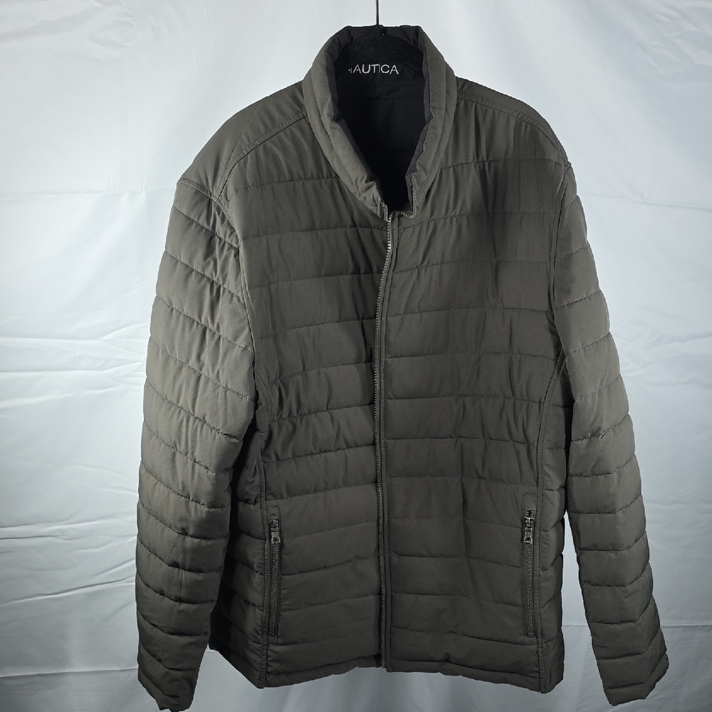Nautica Men's Puffer Jacket - Olive Grey / Black- Large